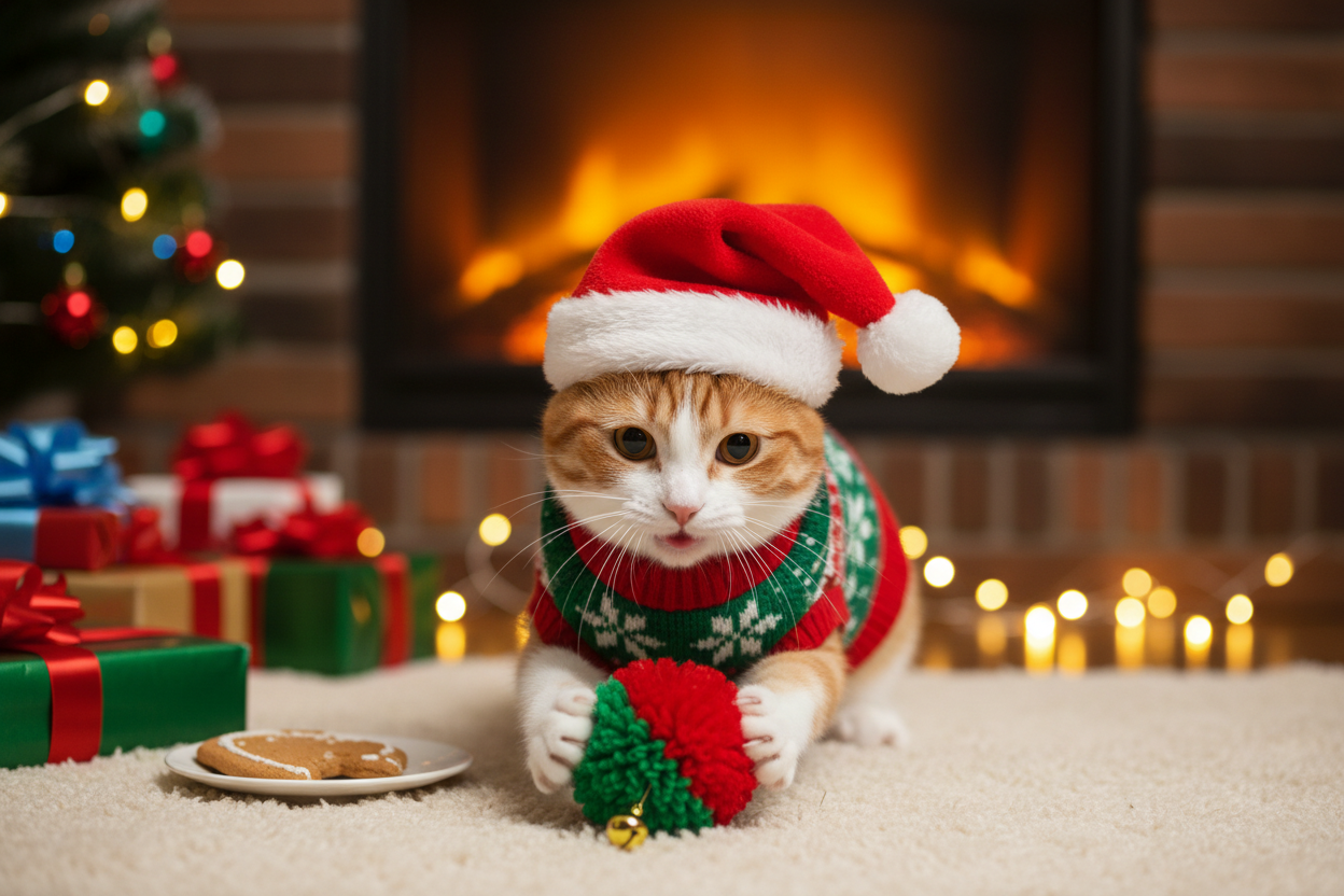 chat avec une tenue de noel qui joue avec un jouet